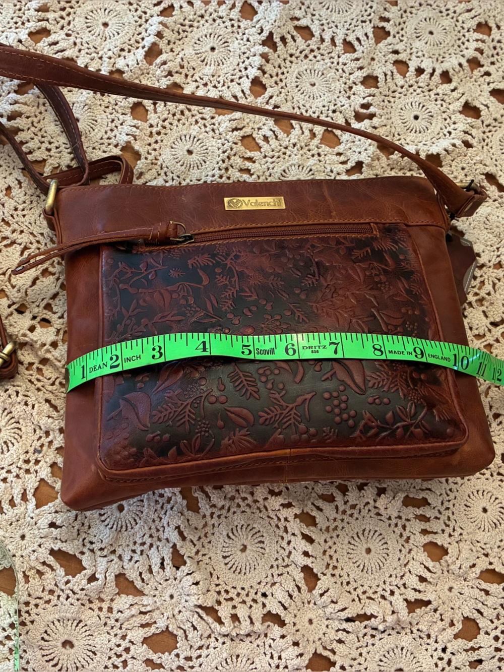 NWT Valenchi Women's Brown Tooled Leather Crossbody Bag with Floral Detail - Picture 13 of 16